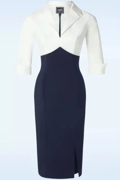 Shop Glamour Bunny Business Babe Dianne Pencil Jurk In Wit En Marineblauw