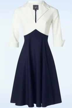 Store Glamour Bunny Business Babe Dianne Swing Jurk In Wit En Marineblauw