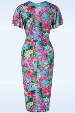 Hot Vintage Chic for Topvintage Dory Tropical Pencil Jurk In Blauw
