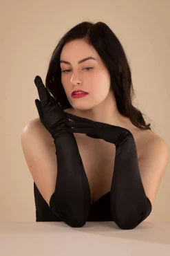 New Pamela Mann Elegante Lange Satijnen Handschoenen In Zwart