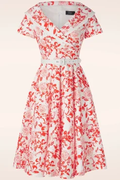 New Vintage Diva Greta Swing Jurk In Wit Met Rode Rozen Print
