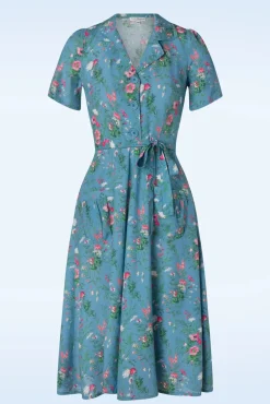 New Very Cherry Revers Fieldbouquet Midi Jurk In Blauw