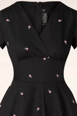 Clearance Vixen Rose Geborduurde Swingjurk In Zwart
