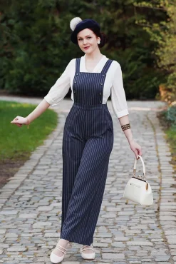 Clearance Banned Retro Stripe Sail Dungarees In Marineblauw
