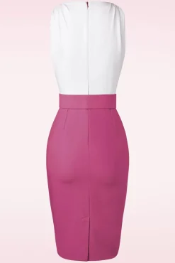 Online Vintage Diva The Kellie Pencil Jurk In Gebroken Wit En Donker Magentaroze